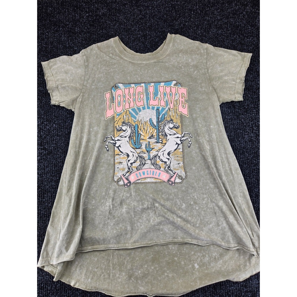 Zutter Long Live Cowgirls Graphic Tee Mineral Wash High Low Top Olive S/M